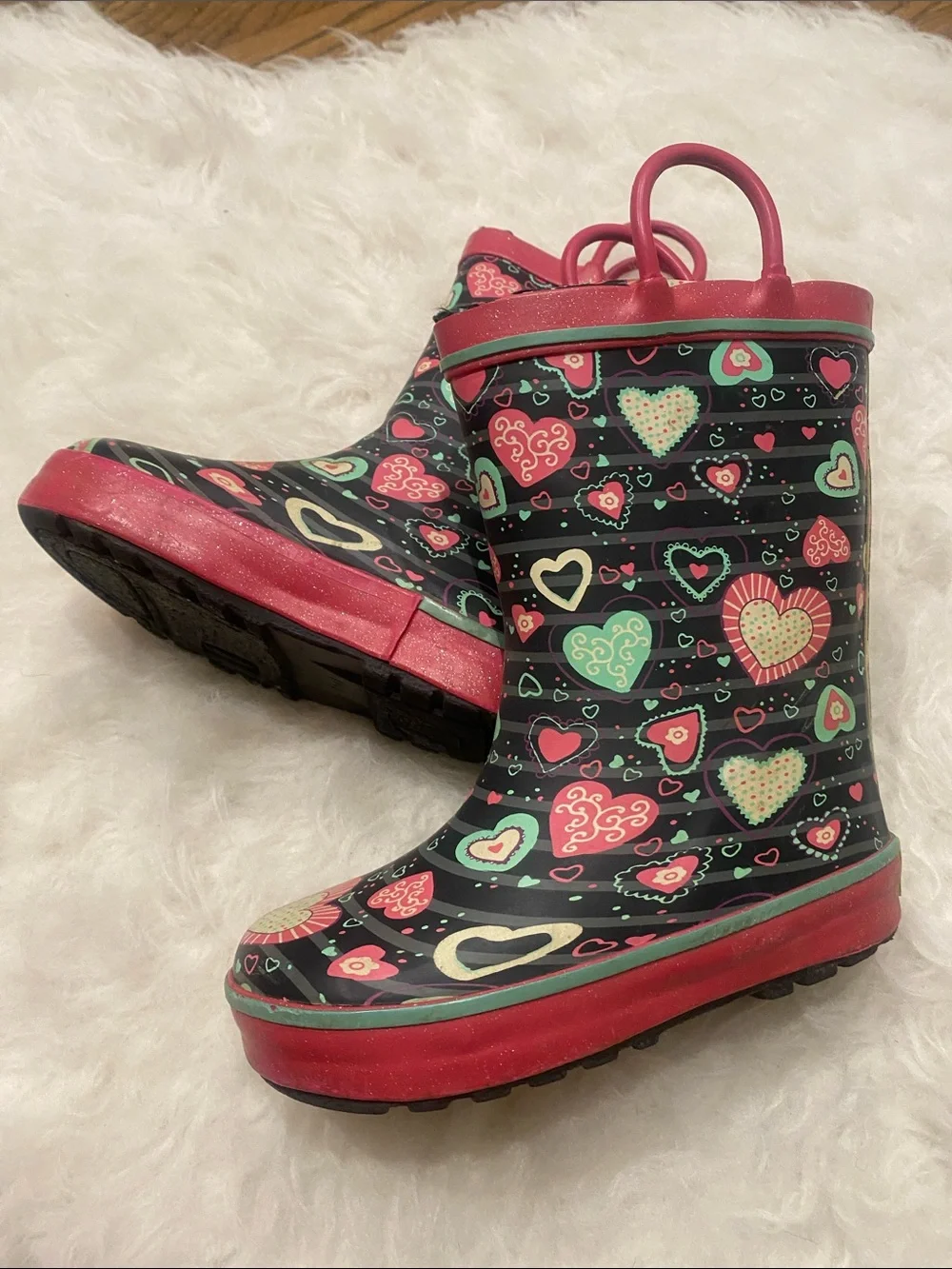 Western Chief Kids Heart-Pattern Rain Boots in Pink, Black & Teal
